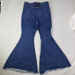 FREE PEOPLE Jeans Womens 34 Super Flare Blue Denim Pants Hippie Boho Lace Back